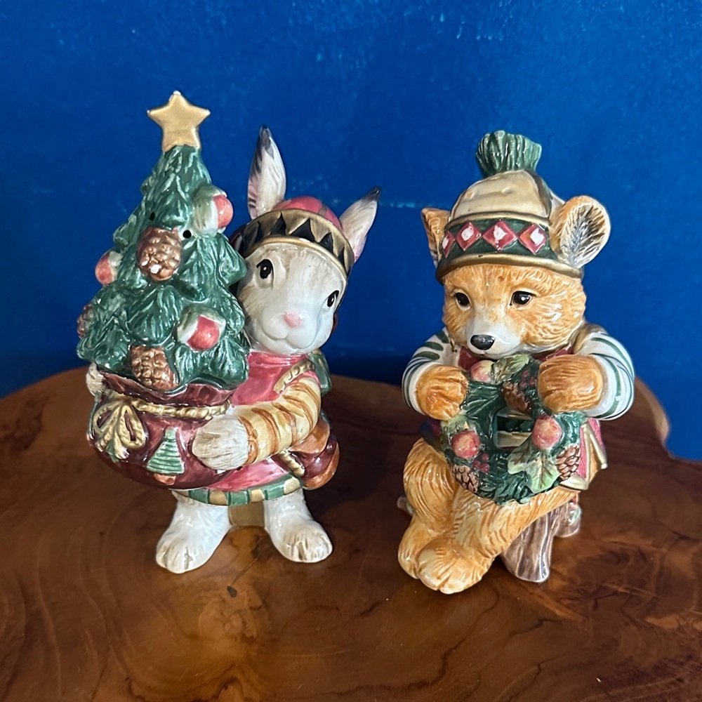 Fitz and Floyd 2001  "Christmas Lodge" Bunny & Bear Salt & Pepper Shakers 6”